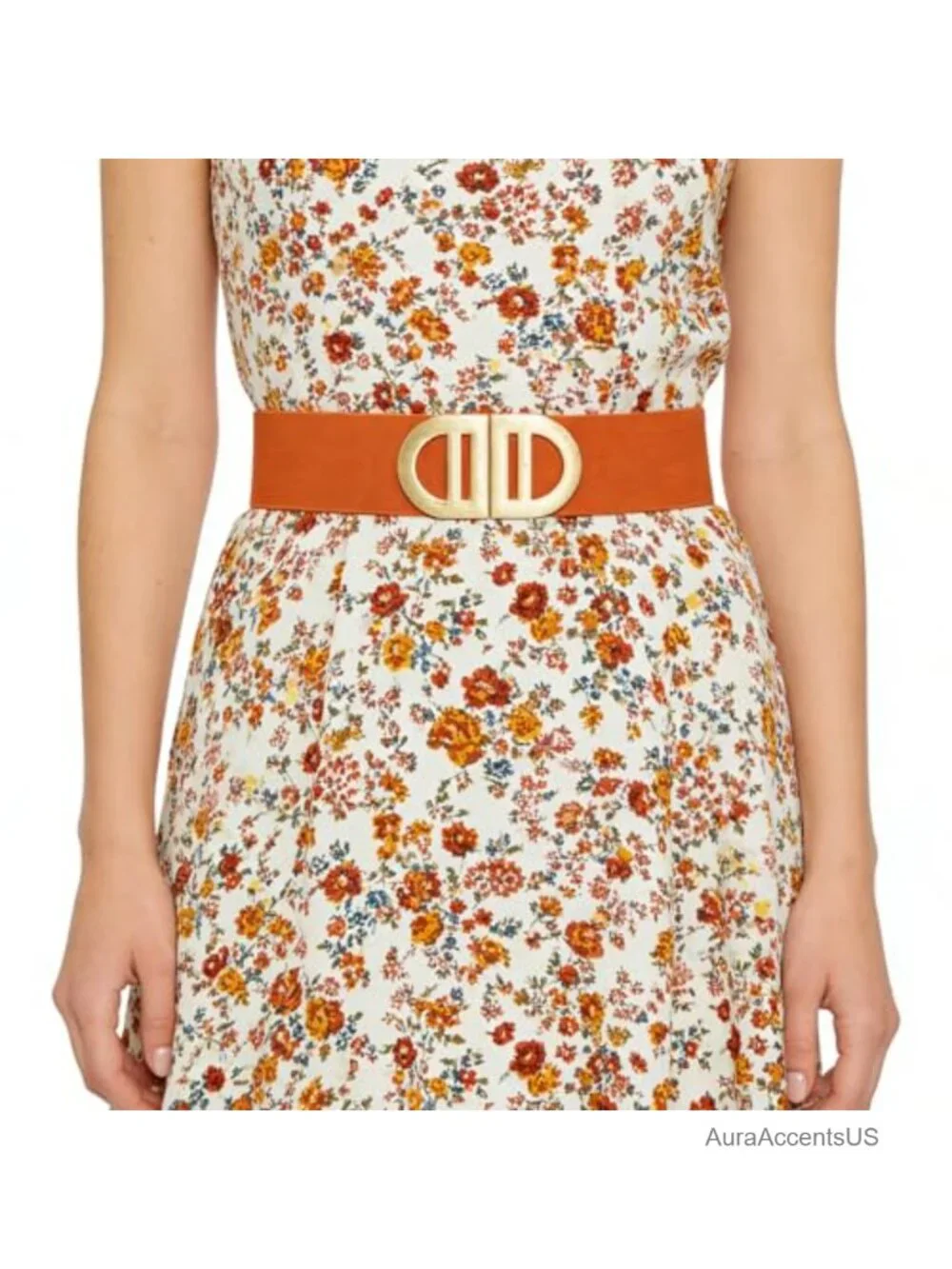 Wide Stretchy Waist Belt With Gold Buckle For Dresses